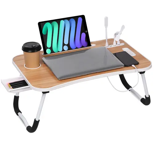 Folding Tray Table - Sturdy Desk Accessories Bed Table, Portable Laptop Stands & Trays with Cup Holder, Tablet Slot & Lifting Handle for Work/Write/Eat (Black)