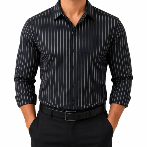 Royaura Men's Thickened Stretch Long Sleeve Striped Crew Neck W Neck Shirt - Fitted Cut, Casual Classy Menswear, Business Wear, Outdoor Use, Father's Day Gift, W Neck Shirts,sohochic