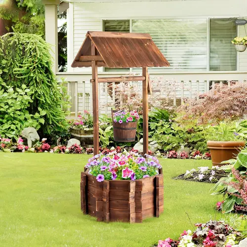 VINGLI Wooden Wishing Well Outdoor Planter - Large Size, 2/4 Reinforced Rods, Height-Adjustable Hanging Bucket, Well Cover, Hanging Frees Up Ground Space, Rustic Home Decor for Patio Garden, Outdoor Festive All-Season Use,sohochic