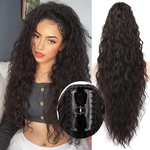 N NAYASA Women's 30" Claw Clip Ponytail Extension - Fiber Synthetic Curls, Soft Curly/Wavy Styles, Fluffy Natural-Looking Synthetic Hair Pieces for Wedding Use,sohochic