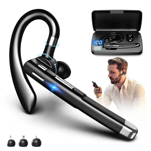 Wireless Bluetooth Earpiece with Built-in Mic, Noise Cancelling, Chargeable, Outstanding Listening, Electronic, Black with Black Case, for Office Phones, Supports MP3 Playback, Continuous Talk Time