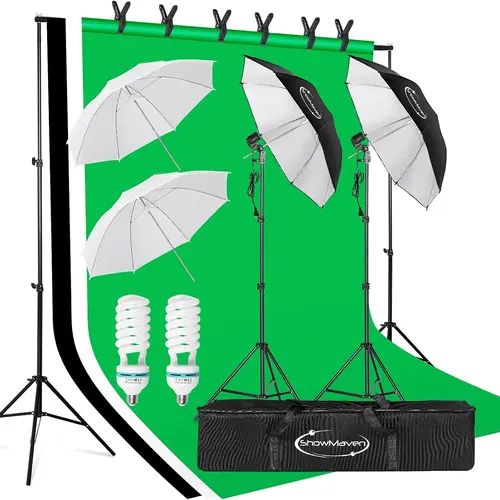 Photographic Fill Light Kit - 6.5ft x 10ft Backdrop Stand with Adjustable Crossbar, E27 Screw Umbrellas, Spiral 22" Folded Lights, Continuous Lighting for Digital Camera Photo Studios, Content Creator Product & Portrait Shoots