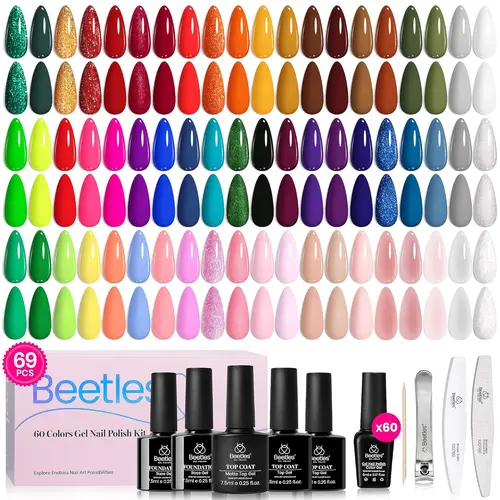 Beetles Durable UV Gel Nail Polish Set, 69PCS 60-Color Christmas Kit with Base Coat, Glossy-Matte Top Coat, White Glitter, Red, Green, Brown, Blue, Nude, Pink Gel - DIY Jelly/Nude Nails at Home Gift for Women, Friend