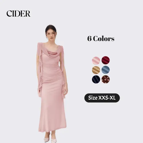 Cider Cowl Neck Solid Ruffle Hem Ruched Maxi Dress Womenswear Sleeveless SohoChic