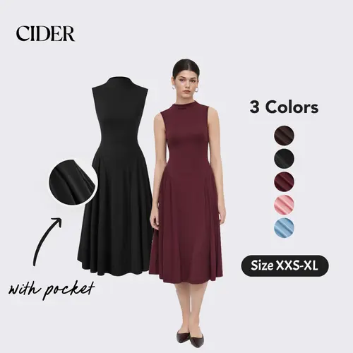 Cider High Neck Solid Ruffle Pocket Midi Dress - Fits Phone & Keys Womenswear Minimalist SohoChic