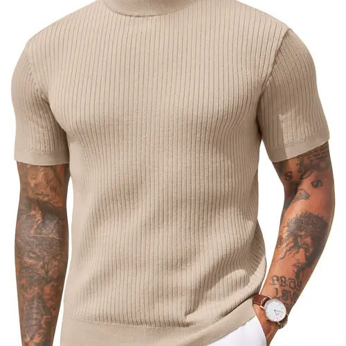 COOFANDY Men's Mock Turtleneck Sweater Short Sleeve Casual Basic Tops Ribbed Knit Pullover Solid Tee