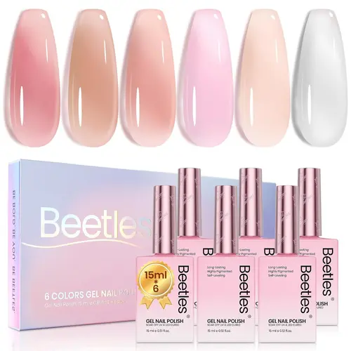 Beetles 6*15ml Gentle as Ever Aesthetic Gel Nail Polish Set, Smooth Pink Red Nude Cosmetic Nail Supplies, High-Gloss Soak-Off Formula for Manicure Salon DIY Home Gift for Women