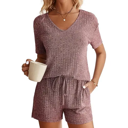 EKOUAER Summer V-Net Womens Ribbed Knit Lounge Set Short Sleeve Top and Shorts  Two Piece Outfits Set Pjs Pajama