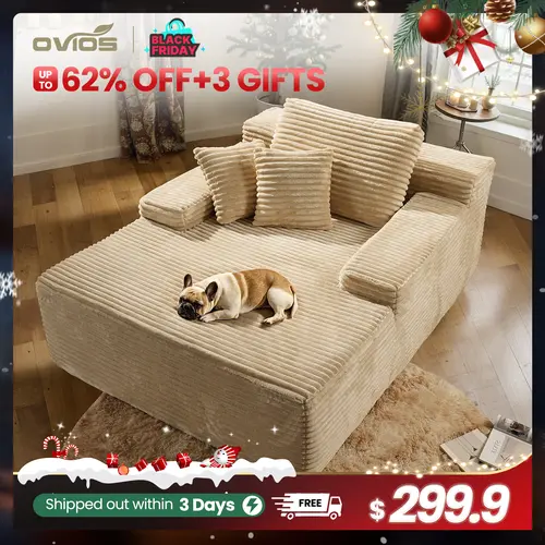 【SohoChic Sale】OVIOS 49" Oversized Boneless Chaise Lounge, Plush Corduroy Deep Seat Sofa Bed with Throw Pillows, Convertible Sleeper Chair & Floor Couch for Living Room, Bedroom & Apartment, No Assembly Required