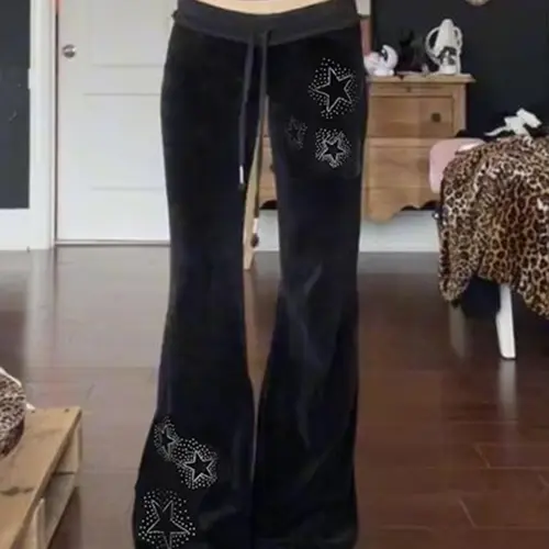 Women's Star Pattern Rhinestones Velvet Pants, Y2K Style Drawstring Waist Bell Bottom Trousers for Daily Wear, Casual All-Season Streetwear Chic Trousers, Flared Pants