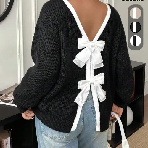 Women's Colorblock Bow Decor Contrast Binding Drop Shoulder Sweater, Elegant Long Sleeve Jumper for Fall & Winter, Fashion Ladies' Knitwear for Daily Wear Tops, Knit Sweater Clothing