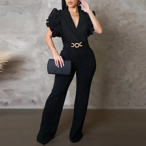 CHICME Women's Plain Deep V Neck Short Flutter Sleeve Jumpsuits Metal O-Ring Decor Wedding Guest Casual Flared Wedding Overalls