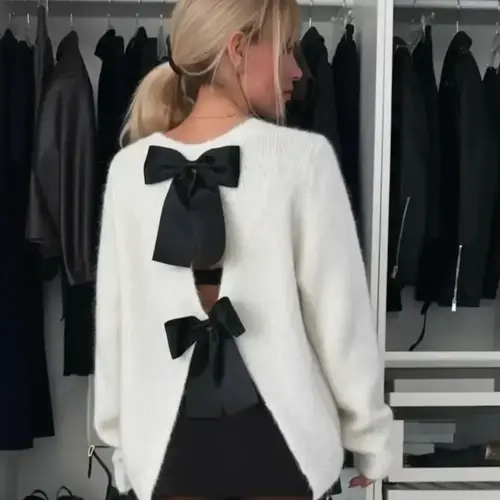 Women's Plain Minimalist Bow Back Detail Sweater Pullover, Casual Loose Jumpers, Cute Fuzzy Long Sleeve Jumper for Fall & Winter, Women's Knitwear for Daily Wear, Womenswear, Tops, Basic