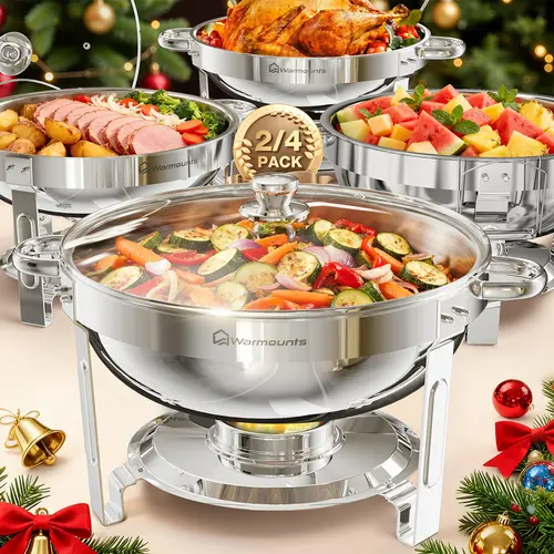[sohochic] WARMOUNTS Round 5QT Stainless Steel Chafing Dishes Set - Home Essentials, Mirror-Polished Silver, Rolled Rim, Glass Lid, Handles, Lid Holder Tidy, Thermal, Heat/Cool Dual, Hot Water Heat, Kitchen Buffet Warmers for Weddings, Catering