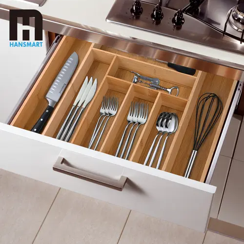 Jumbo Expandable Bamboo Rectangle Drawer Organizer - Adjustable 6-8 Slot Utensils Tray, Durable, Easy-Clean, Warm Bamboo Look, Cosmetic Holder, Box Organiser, Jewelry Storage, Bathroom & Kitchen Accessories