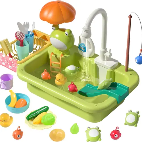 Cute Stone Unisex Cute Kitchen Pretend Play Set - Play Kitchen Tools for Kids, Upgraded Electric Running Water Faucet, Realistic Food, Frogs, Detachable Drain Rack, Cooking Learning Kit with Batteries, Gift Ideas for Ages 6-8, Spring Day Presents,sohochic