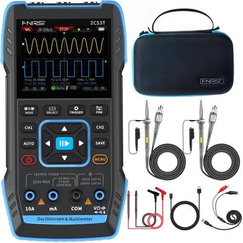 FNIRSI 2C53T Upgraded Handheld Oscilloscope  50MHz Bandwidth  3IN1 Digital Oscilloscope Multimeter DDS Generator  250MS/s Sampling Rate  19999 Counts  Voltage  Current  Capacitor  Resistor  Diode Test, Display, Export, Storage, Frequency, 400V Max Input,,