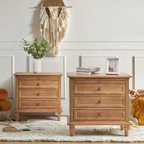 【Fall Pick】HULALA HOME Lionel 3 Drawer End Table with Built-In Outlets, Charging Station, Pull-Out Shelf, Sturdy Wood Legs, Organized Storage, Farmhouse Style Bedroom Cabinet, Bedside Table, Nightstand