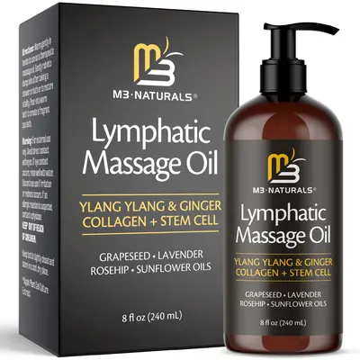 M3 Naturals Ylang Ylang + Ginger Vegan Floral Lymphatic Drainage Massage Oil - 8oz Smooth Lightweight Daily Oil with Collagen, Stem Cells for Circulation, Detox, Cellulite Removal, Muscle Relief, Skin Firming, Calming Nourishment, Blend