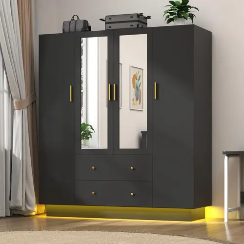Modern Engineered Wood Wardrobe Furniture - Stable Armoire Closet with Mirror, RGB Lights, Drawers, Shelves, Hanging Rod, Bedroom Closet Storage Cabinet for Organization & Stylish Design