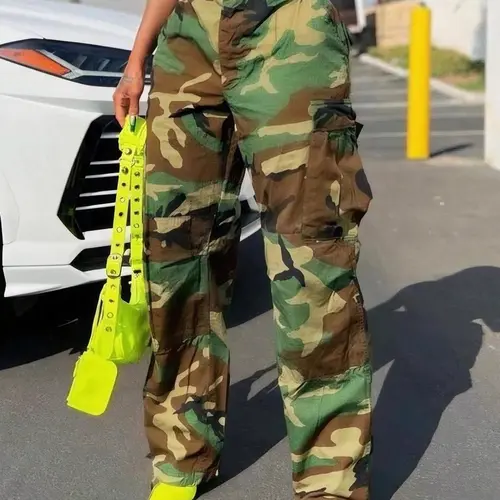Women's Camo Print Button Fly Cargo Pants, Casual Streetwear Pants, Street Fashion Casual Pants for Daily Wear, Ladies Bottoms for All Seasons, Casual Fashion Trousers, Casual Chic Trousers, Casual Fashion Comfy