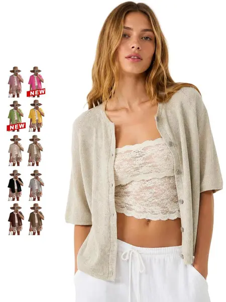 Tanming Women's Minimalist Short Sleeve Cardigan Knitwear - Crew Neck, Soft Ribbed Fabric, Button-Down, Fitted, Lightweight Breathable Tops for Women, Casual Office Layering Cover Up (Spring Summer) #SpringStatements,summerwins, Shortsleeve, Women's Tops