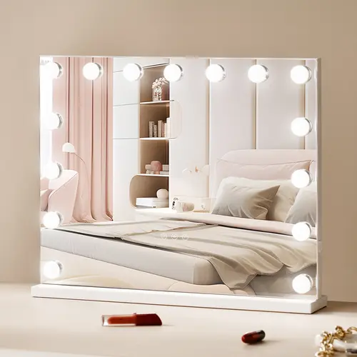 【summerfinds】VEVOR Hollywood Vanity Mirror With Lights, 15 Dimmable Bulbs &3 Color Lighting Modes, Makeup Mirror w/ Detachable 5X Magnification,USB Port,Smart Touch Control,Desktop Wall-mount(22.8x18.1 in, White), Lighted Mirror, Touch Screen Mirror