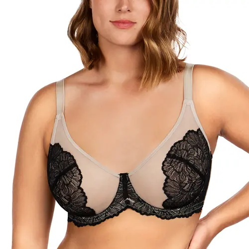 HSIA Blossom Unlined Plus Size Curvy Lace Sheer Mesh Underwire Bra Full Coverage Non Padded Minimizer Bra Lifting Support Lightweight Breathable Daily Large Bust Brassiere for Women