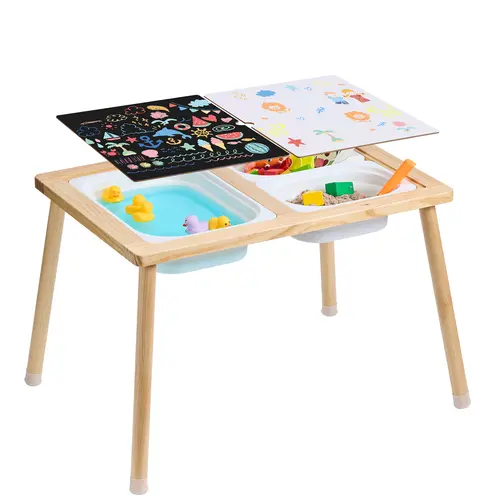 【toolupgrade】VEVOR Pine Wooden Sensory Table for Toddlers - Kids Play Desk with 2 Double-Sides Boards, 3 Foldable Storage Bins, Tool-Free Setup, Indoor/Outdoor Sand & Water Activity Table