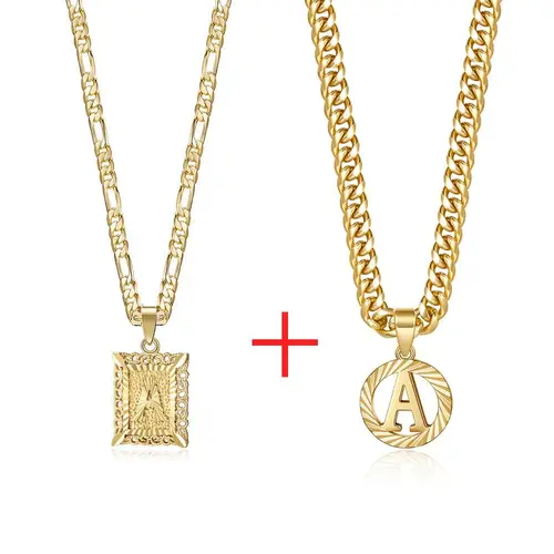 KissYan Jewelry Initial Pendant Necklace  for Men Womens, 14K Gold Plated Square Letter & Round Letter Capital Necklace Alphabets from A-Z Figaro Chain Necklace Mothers Day Gift Ideas