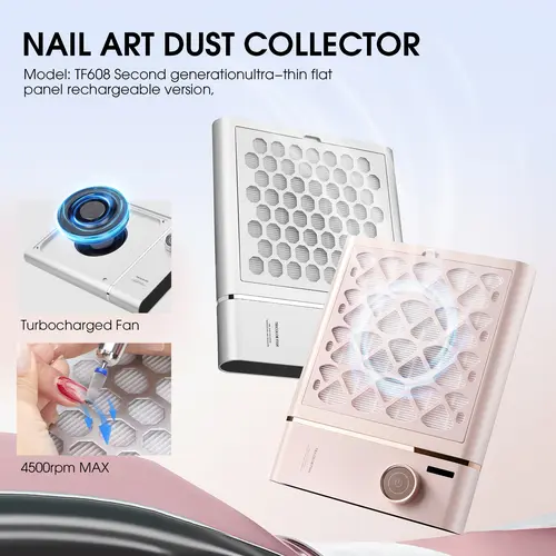 Rechargeable Nail Dust Collector - 4 Turbofans, 4000mAh, Adjustable Suction, Reusable Removable Filter, Lightweight Low-Noise Manicure Tool with Steel Material Baffles, Rechargeable for Salon Use, Nailcare Supplies