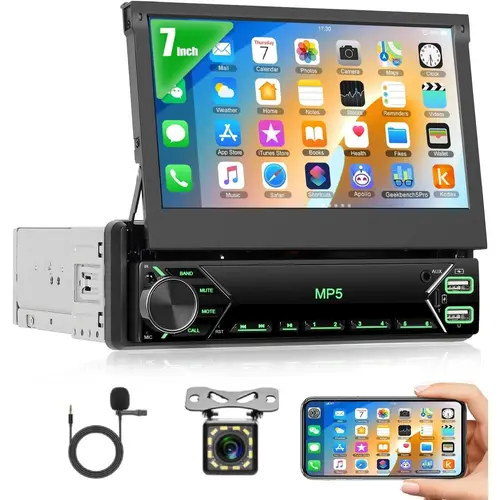 7 Inch Flip Out Single Din Touchscreen Car Stereo - Automotive Car Accessories with Bluetooth, FM Radio, Android/iOS Mirror Link, TF/USB Support, Camera, MIC, Multilingual (Russian, Spanish, Korean) (SummerVibes Father's Day Gift), Car Audio,toolupgrade