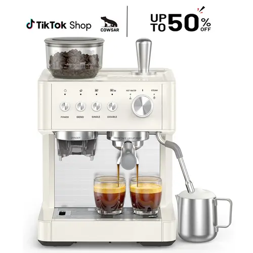 COWSAR Espresso Machine,58mm Commercial Brewing Head,15 Bar Professional Espresso Maker with Barista Coffee Grinder/Milk Frother,Coffee Machine for Espresso/Cappuccino/Latte,Forther integrated design,Ideal for Home/Office