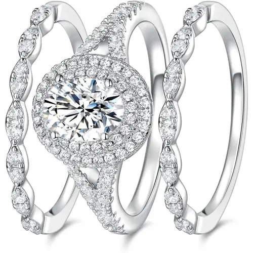 GEMSME Women's 1.5CT Oval Cut Stackable Interchangeable Rings, 3-in-1 Oval Halo CZ Gemstone Setting Wedding Ring Sets, Glam Style Promise Eternity Band, Mother's Day/Birthday Gift R-1128-W