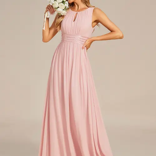 EVER PRETTY Women's Chic A-line Chiffon Bridesmaid Dress, Sleeveless Formal Wedding Guest Dresses with Hollow Out & Waist Ribbon, Basic, Formal Dresses For Women