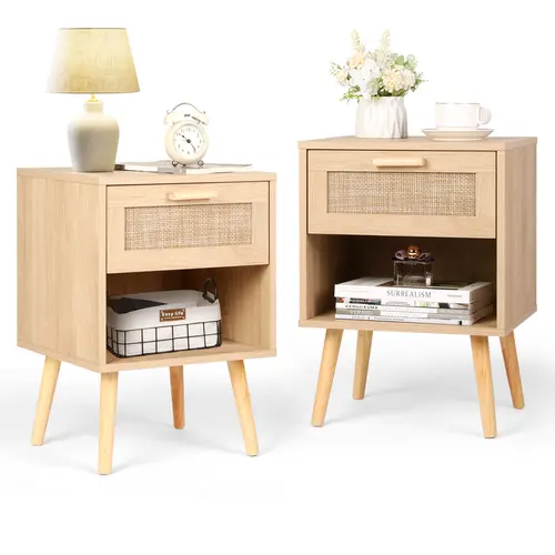 VOWNER Rattan Nightstand, Night Stands with Hand Made Rattan Decorated Drawer, Bedside Table Boho End Tables Side Tables with Storage Shelf, for Bedroom