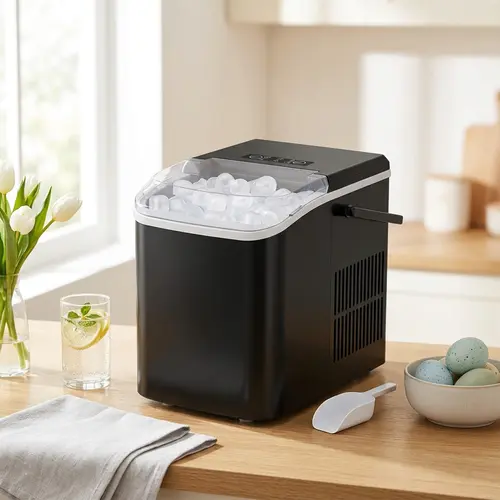 【Deal】Sweetcrispy Compact Countertop Ice Maker, Portable Self-Cleaning Machine with Scoop+Basket, Scoop+Handle Carry, 9 Cubes in 6 Mins, 2 Bullet Cube Sizes, Watch Ice Form Live for Frozen Drinks & Home Cafe
