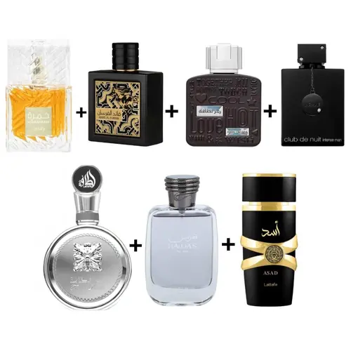 ASAD + KHAMRAH DUKHAN+ FAKHAR LATTAFA PLATIN + RAMZ LATTAFA SILVER + QAED AL FURSAN UNTAMED + HAWAS + CLUB DE NUIT INTENSE MAN --- 7 PIECE SUPER BUNDLE