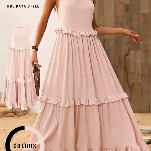 Women's Maxi Dress with Ruffled Hem, Sleeveless Loose Fit Casual Summer Dress, Plain Pattern, All Seasons Wear, Vacation Style Beach Sundresses