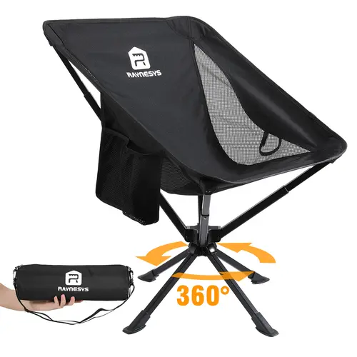 360° Swivel Outdoor Camping Chair with 360° Freedom, Headrest, Storage Bag, Pocket for Phone, Rubber Feet Grip Grass and Sand - Lightweight Portable Foldable Camping Furniture for Hiking, Beach