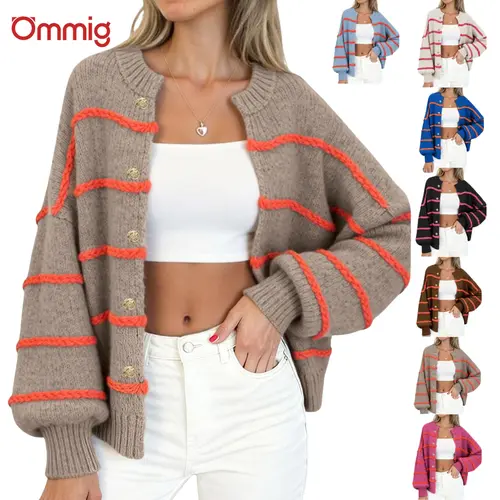 Ommig Women's Cute Knitting Cardigan - Baggy Striped, Thick Knit, Crew Neck, Button Front, Full Length, Long Batwing Sleeves, Retro Vintage Style for Cozy Fashion, New Year Holiday Wear,sohochic