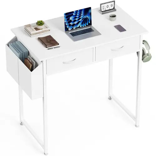 Computer Desk Home Office Bedroom Writing Study PC Table with Storage Space Fabric Side Bag Headphone Hook Metal Frame Adjustable Feet, Modern Desks & Workstations, Multi-Compartment Desks & Workstations, Desk For Home Office, 3‑Way Storage