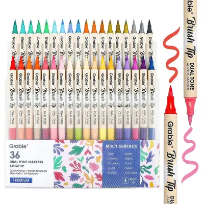 Grabie Dual Tone Brush Tip Acrylic Paint Marker Set of 36, Paint Pens markers artmarkers acrylic paintmarkers acrylic paint markers coloring supplies brushmarkers markers for coloring, drawing materials, Back to School, Class Reward Gift Idea
