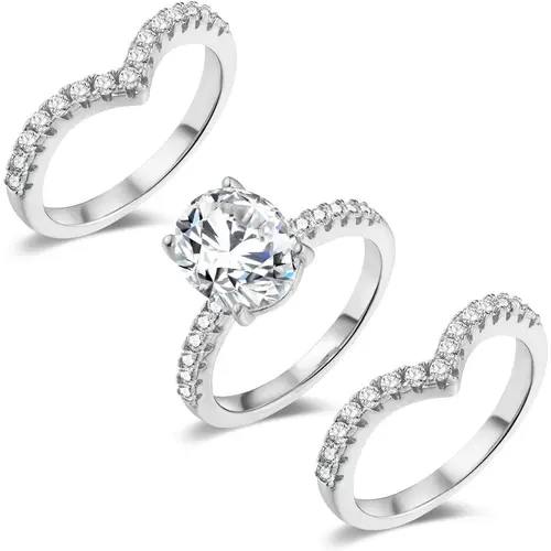GEMSME 2CT Oval Cut With 2 V Bands 7 * 9mm Oval Cubic Zirconia Three-in-One Wedding Band Engagement Promise Eternity Ring for Women Mother Day Birthday Christmas Gift R-7521, Cubic Zirconia Rings, Wedding Rings, Oval Engagement Ring