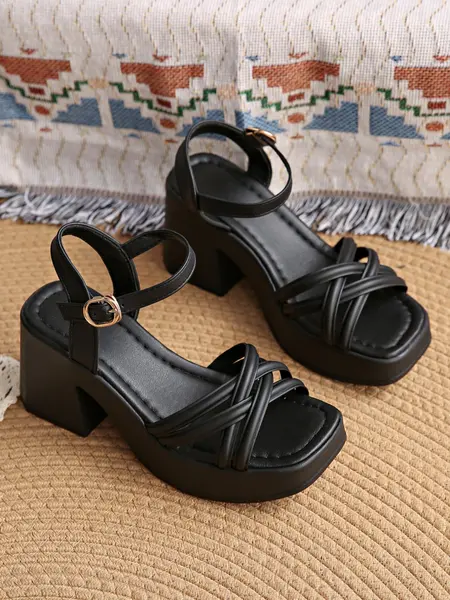 Women's Fashionable Cross Strap Heeled Sandals, Casual Comfortable High Heel Dress Sandals for Daily Wear, Trendy All-match Flatform Sandals for Women & Girls, chic summer footwear