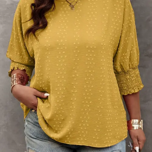 Plus Size Curvy Solid Embroidery Blouse, Casual Basic Round Neck Loose Top for Daily Wear, Women's Clothing for All Seasons