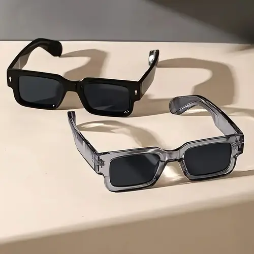 Retro Chunky Square Rectangular Sunglasses 2-Pack for Men, Thick Black & Clear Plastic Frame with Metal Details, UV400 Glare-Free PC Lenses, 90s Y2K Trendy Shades for Beach Party, High-Quality Accessories Adults, Birthday Gifts for Him Cool Gifts for Guys