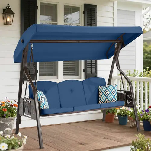 【SohoChic】ZZWHOM Outdoor Metal Patio Swing Chair with Canopy - 3-Seat Front Porch Swing, 800 lb Heavy Duty Floor-Mounted Anti-Rust Frame, Adjustable 45° UV/Weather-Resistant Canopy, Thick Foam Cushions/Pillows, Converts to Lounger for Stargazing