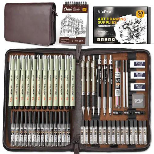 Nicpro 58 PCS Portable Mechanical Pencil Art Set in Leather Case - Compact Metal Drafting Graphite (0.5,0.7,0.9,2mm), 12 Micron Pens, 30 Tube Lead Refills, Assortment Kit - Office Stationery, Unique Gifts for Teen Boys, Art Sets, Mechanical Pencils