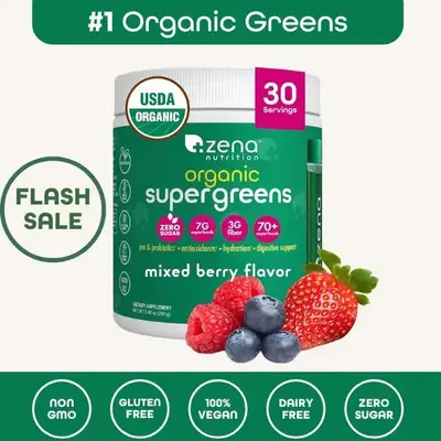 Zena Nutrition Organic Supergreens Powder USDA Certified Zero Sugar Antioxidants Fiber Probiotics Digestive Enzymes Health Supplement for Fitness Optimum Nutrition 30 Servings Non GMO Gluten Free Vegan Nutrients